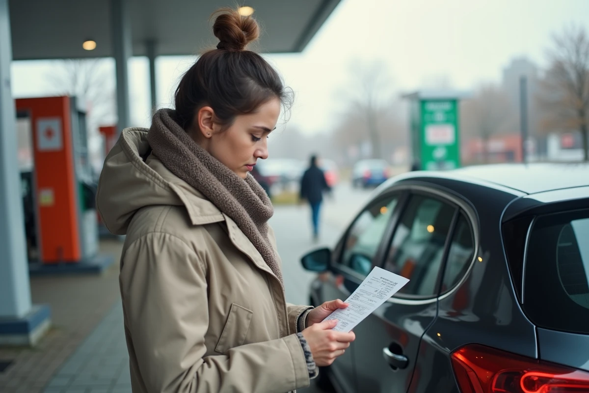 Femme au station-service tenant un reçu de carburant