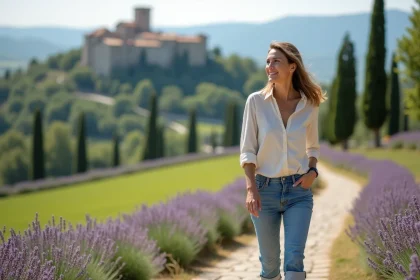 Femme marchant dans la lavande avec vue sur Gordes