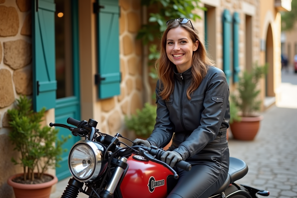 Femme souriante en tenue de moto devant un café corse