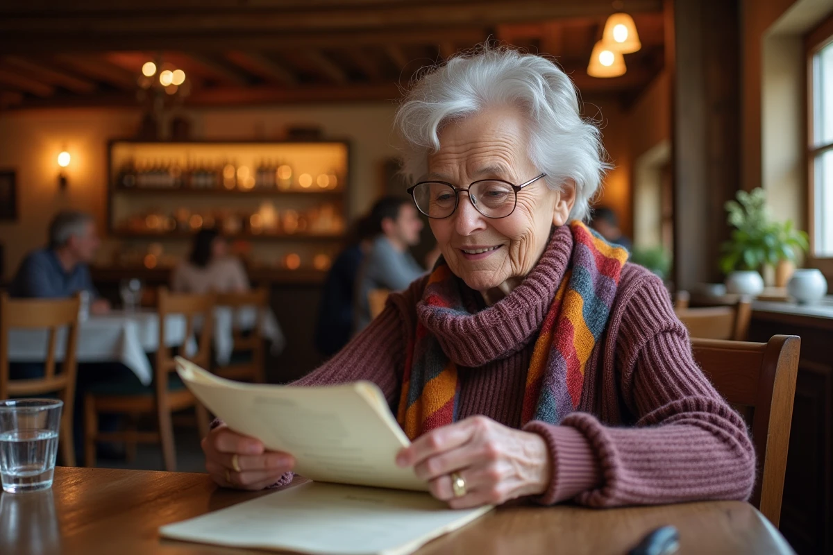 Femme âgée lisant un menu dans une winstub chaleureuse