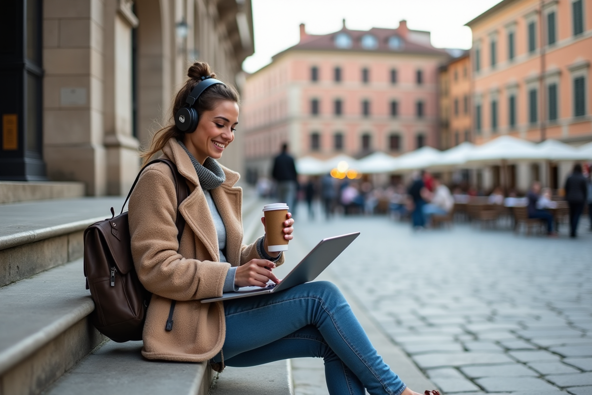 Femme souriante en voyage utilisant une tablette dans une place ancienne