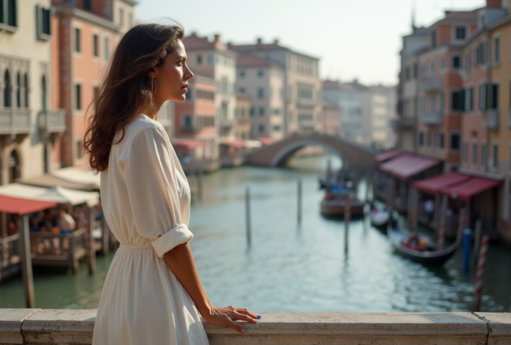 Femme en robe en lin sur le pont Rialto à Venise