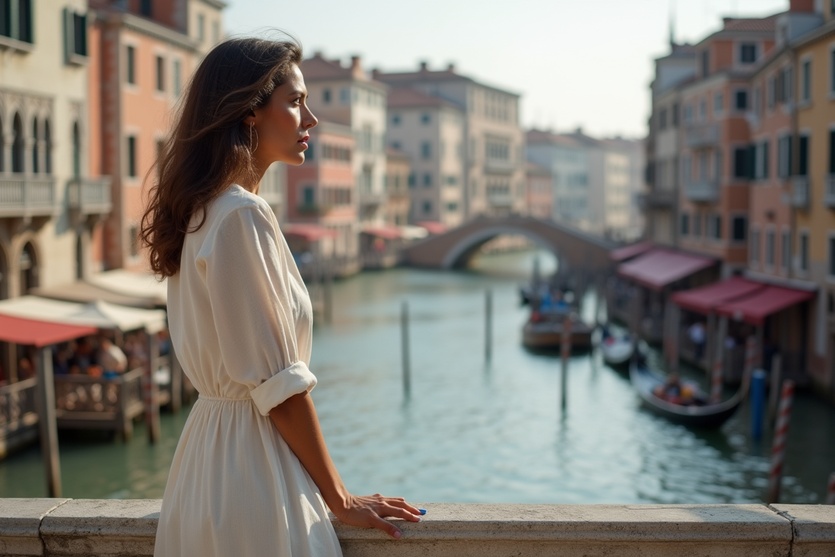 Femme en robe en lin sur le pont Rialto à Venise