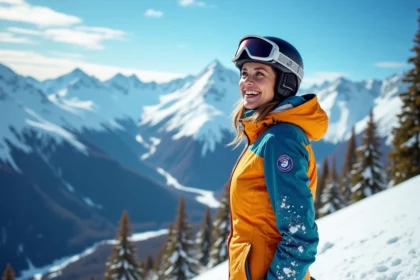 Femme souriante en ski avec vue sur montagnes enneigees