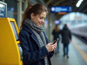 Jeune femme avec smartphone à la gare en intérieur