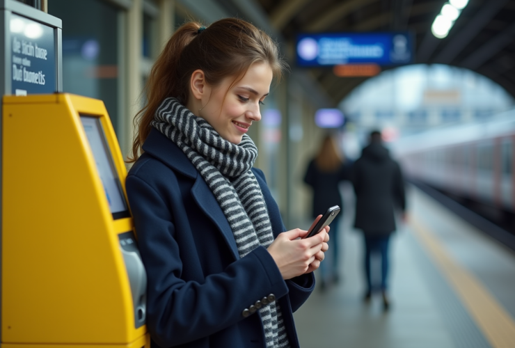 Jeune femme avec smartphone à la gare en intérieur