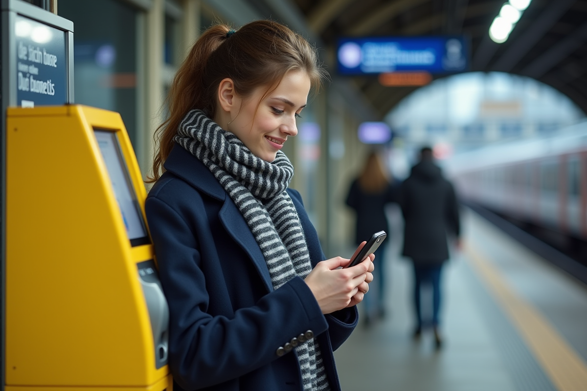 Jeune femme avec smartphone à la gare en intérieur