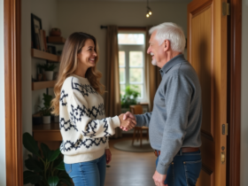 Femme souriante serrant la main d'un propriétaire âgé dans un appartement accueillant