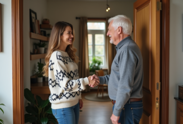 Femme souriante serrant la main d'un propriétaire âgé dans un appartement accueillant