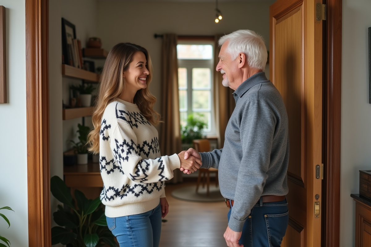 Femme souriante serrant la main d'un propriétaire âgé dans un appartement accueillant