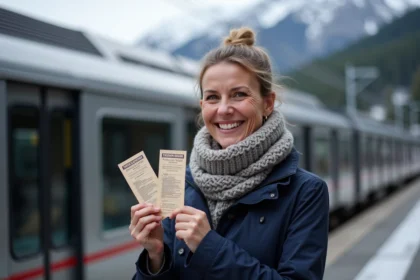 Femme souriante avec tickets dans un train suisse
