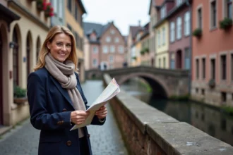 Femme souriante en trench à Strasbourg dans le quartier historique