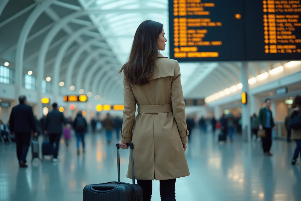 Femme devant un tableau des départs d'aéroport affichant des retards de vols