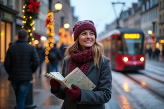 Femme attendant le tram à Strasbourg la nuit du Nouvel An avec des décorations festives en arrière-plan