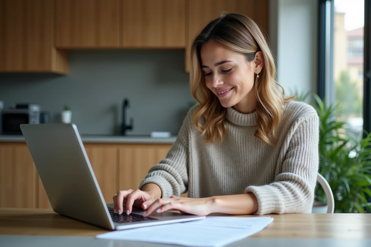 Femme concentrée travaillant sur son ordinateur à la maison