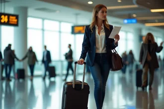 Femme stressée avec valise cabine dans un terminal d'aéroport tenant une carte d'embarquement Volotea