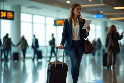 Femme stressée avec valise cabine dans un terminal d'aéroport tenant une carte d'embarquement Volotea