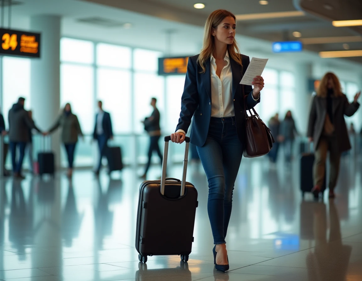 Femme stressée avec valise cabine dans un terminal d'aéroport tenant une carte d'embarquement Volotea