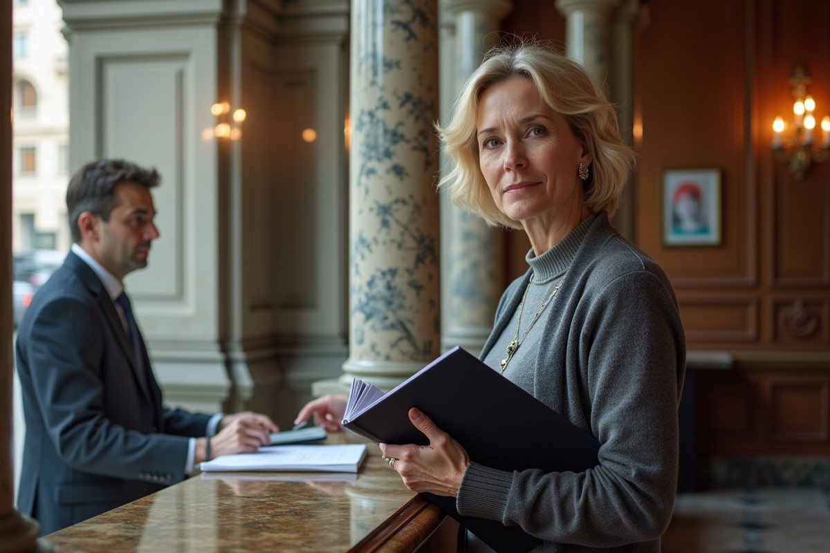 Femme patient au guichet de consulat européen