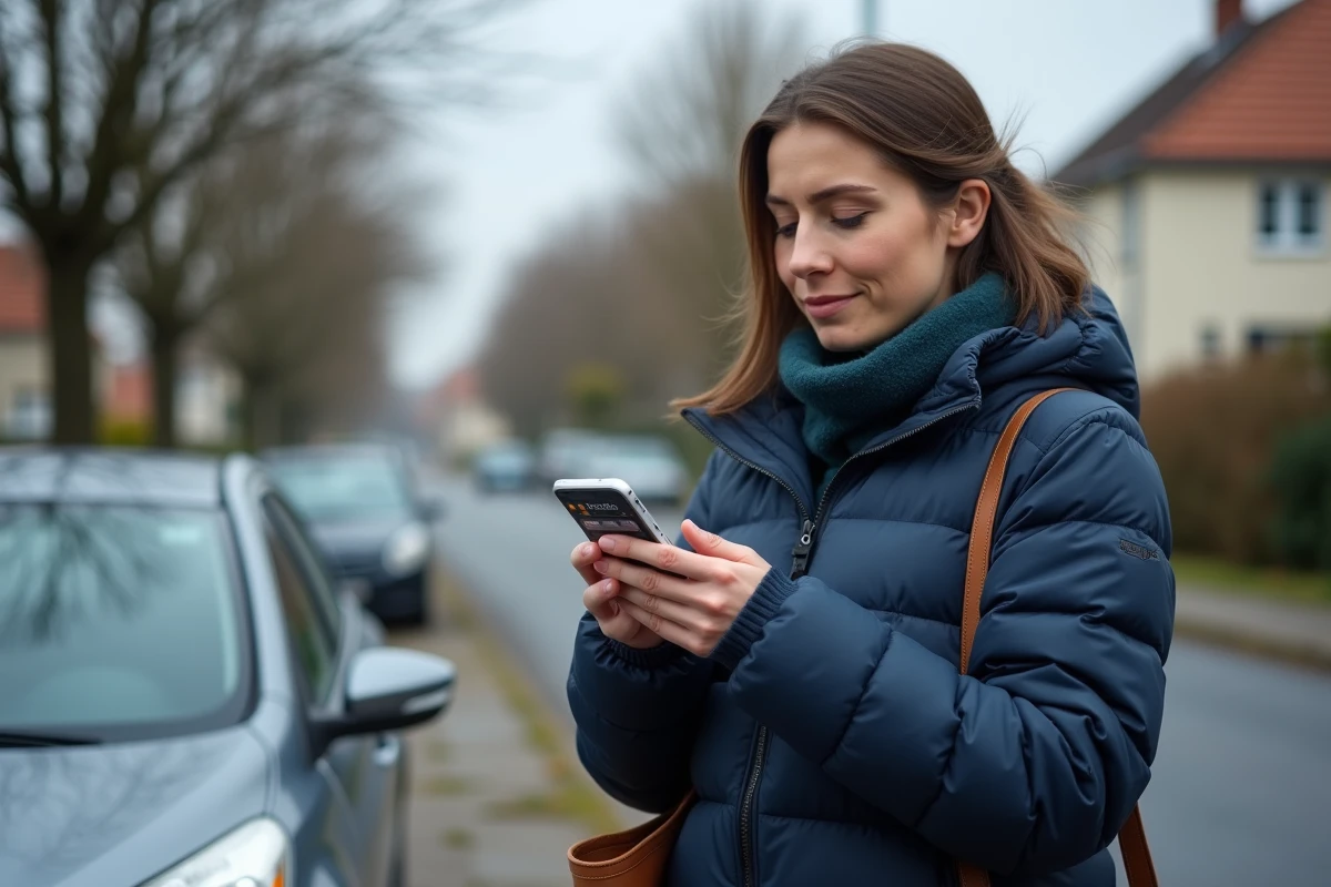 Femme debout près de sa voiture consultant l'application Mappy sur smartphone pour planifier un trajet économique