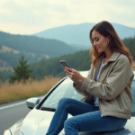 Jeune femme sur la voiture en nature avec smartphone
