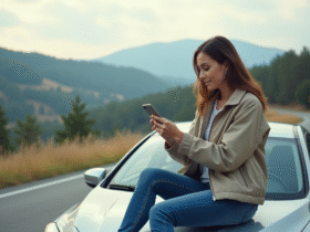 Jeune femme sur la voiture en nature avec smartphone