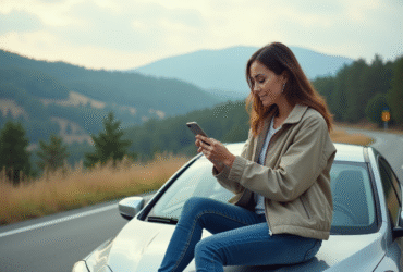 Jeune femme sur la voiture en nature avec smartphone