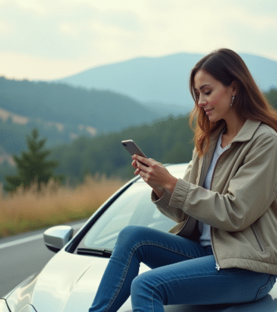 Jeune femme sur la voiture en nature avec smartphone