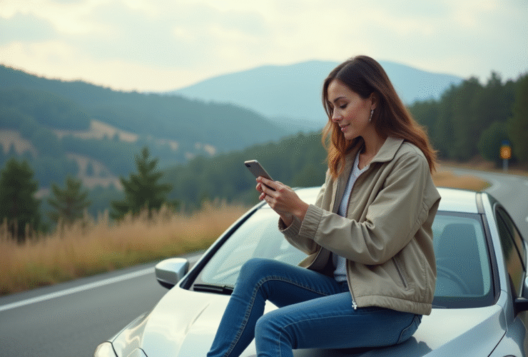 Jeune femme sur la voiture en nature avec smartphone