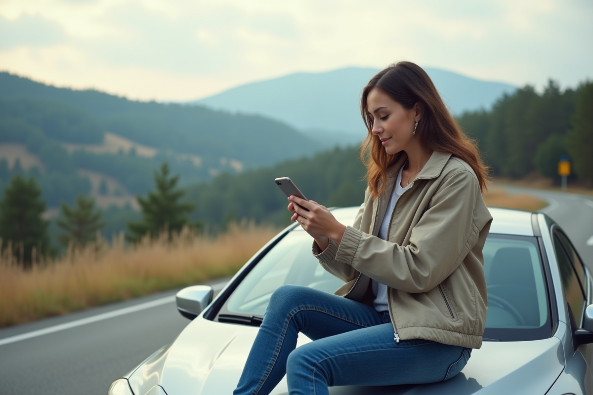 Jeune femme sur la voiture en nature avec smartphone