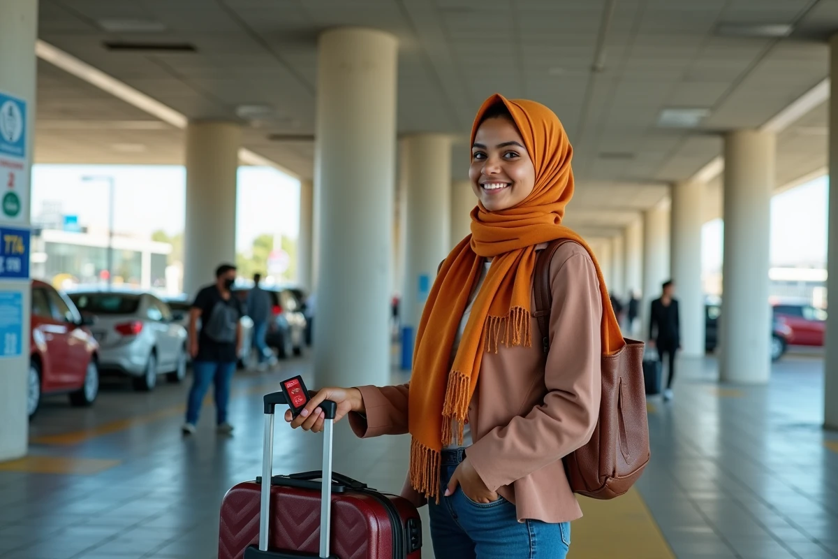 Jeune femme marocaine souriante à la caisse de stationnement à Casablanca