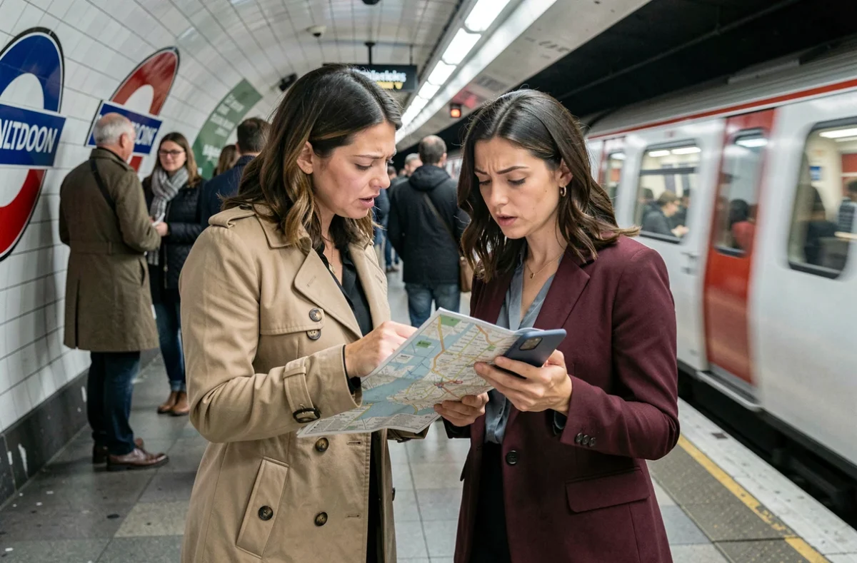 Deux femmes consultant une carte et un smartphone sur un quai du métro londonien avant de choisir leur quartier de sortie nocturne