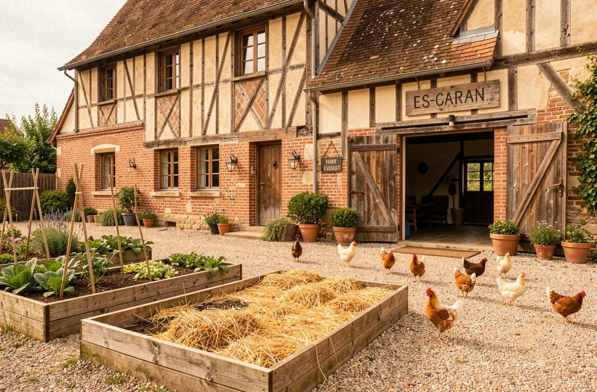 La Ferme de la Joie en Essonne, ferme à colombages avec jardin potager et poules en liberté dans la cour