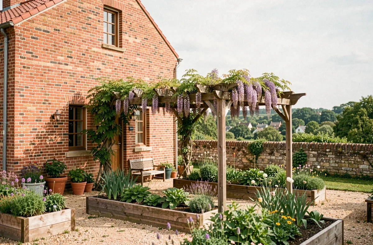 La Ferme Fanost à Morangis, ferme en briques rouges reconvertie avec cour intérieure, pergola de glycine et jardin fleuri