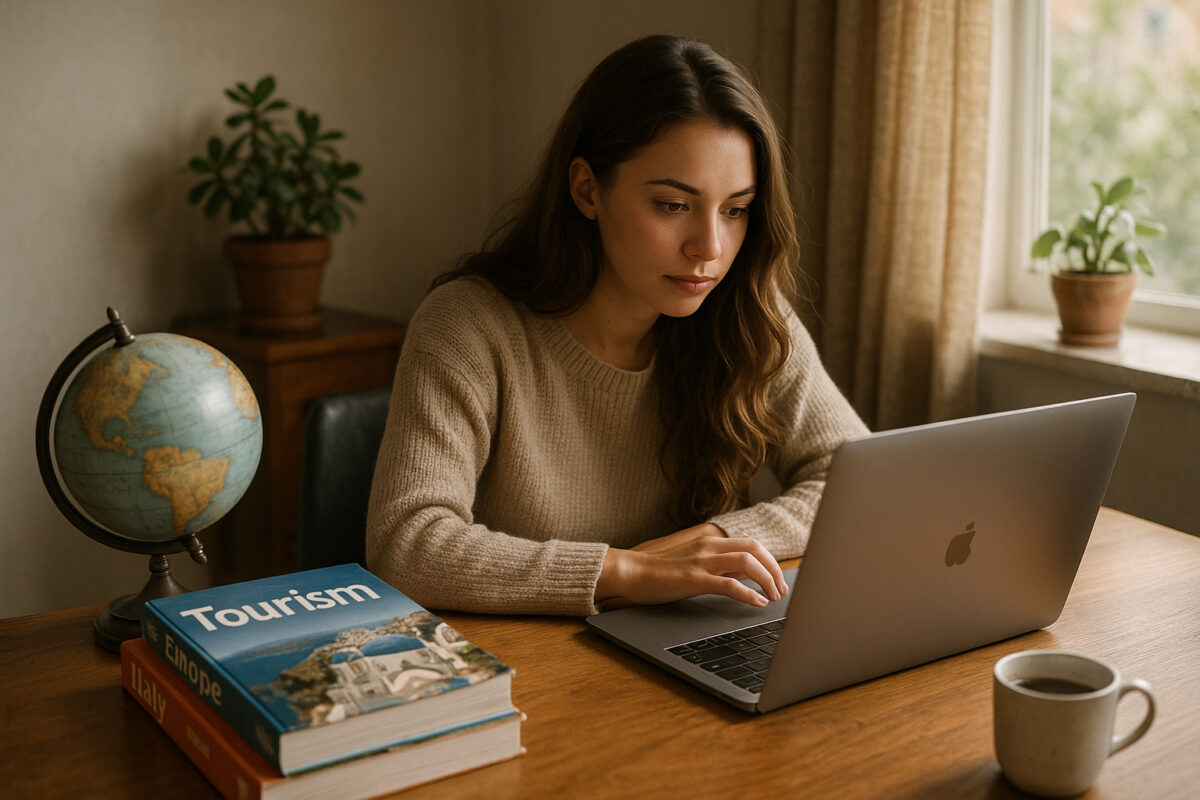 Jeune femme étudie le tourisme sur son ordinateur dans un bureau cosy