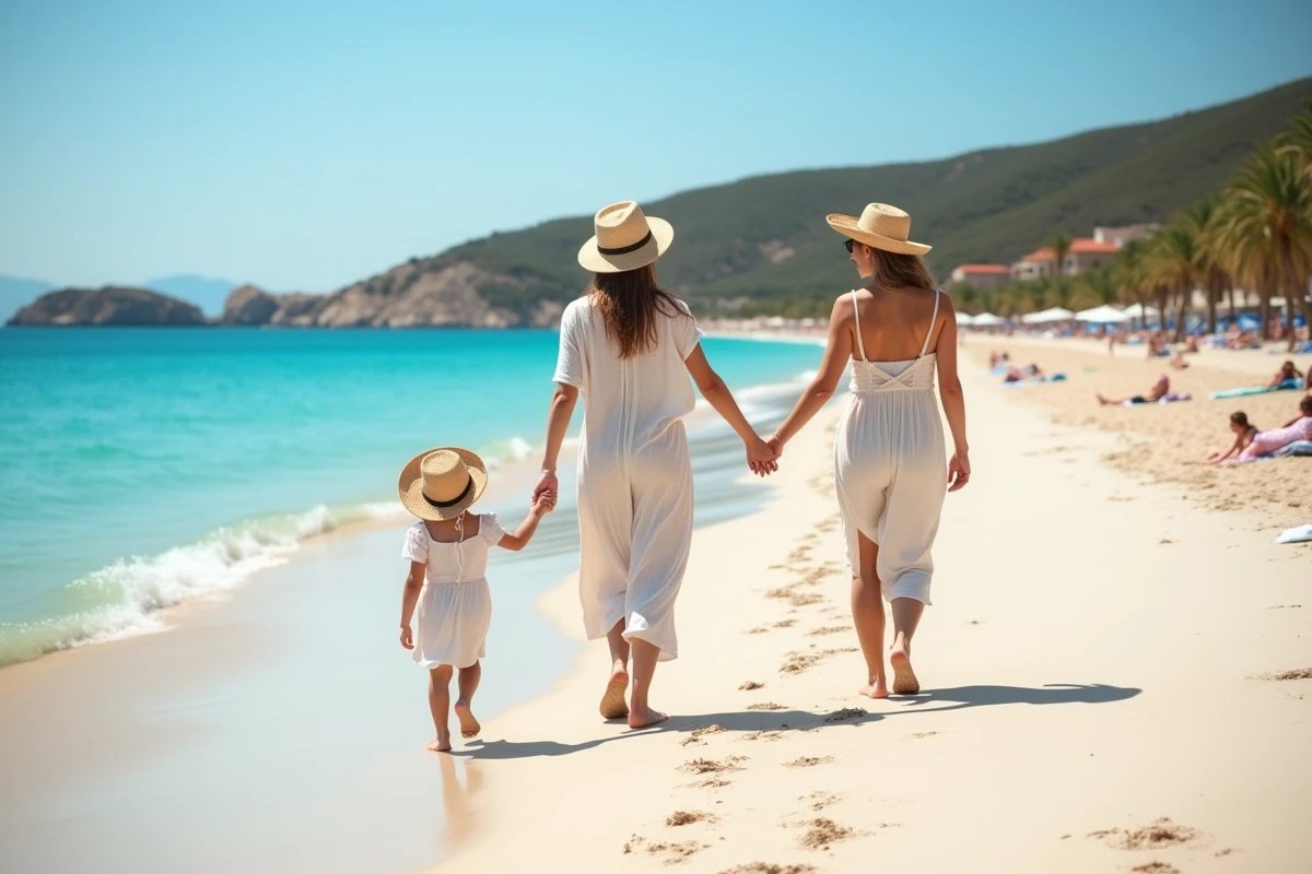 Fille et mère marchant sur la plage de Zakynthos en vacances