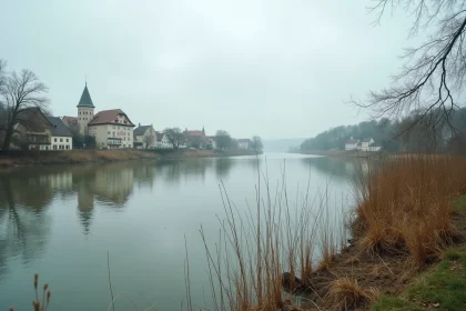 Vue grand angle du Rhin près de Strasbourg avec village alsacien en arrière-plan et roseaux en premier plan
