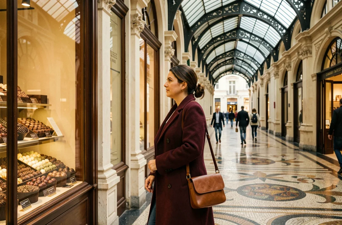 Femme se promenant dans les Galeries Royales Saint-Hubert de Bruxelles devant une boutique de chocolats belges