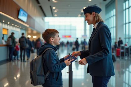 Garçon de 10 ans remettant son passeport à un agent aéroport
