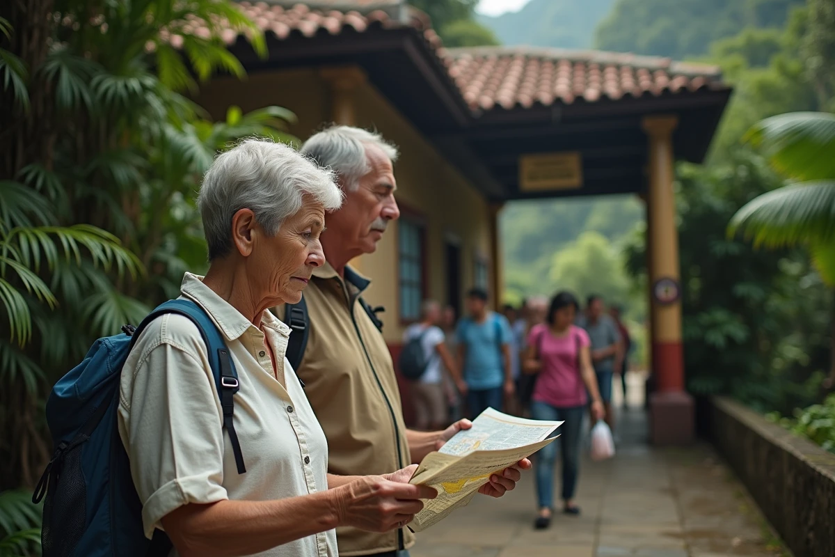 Couple de touristes consultant une carte devant la gare du train à crémaillère de Cosme Velho au pied du Corcovado à Rio de Janeiro