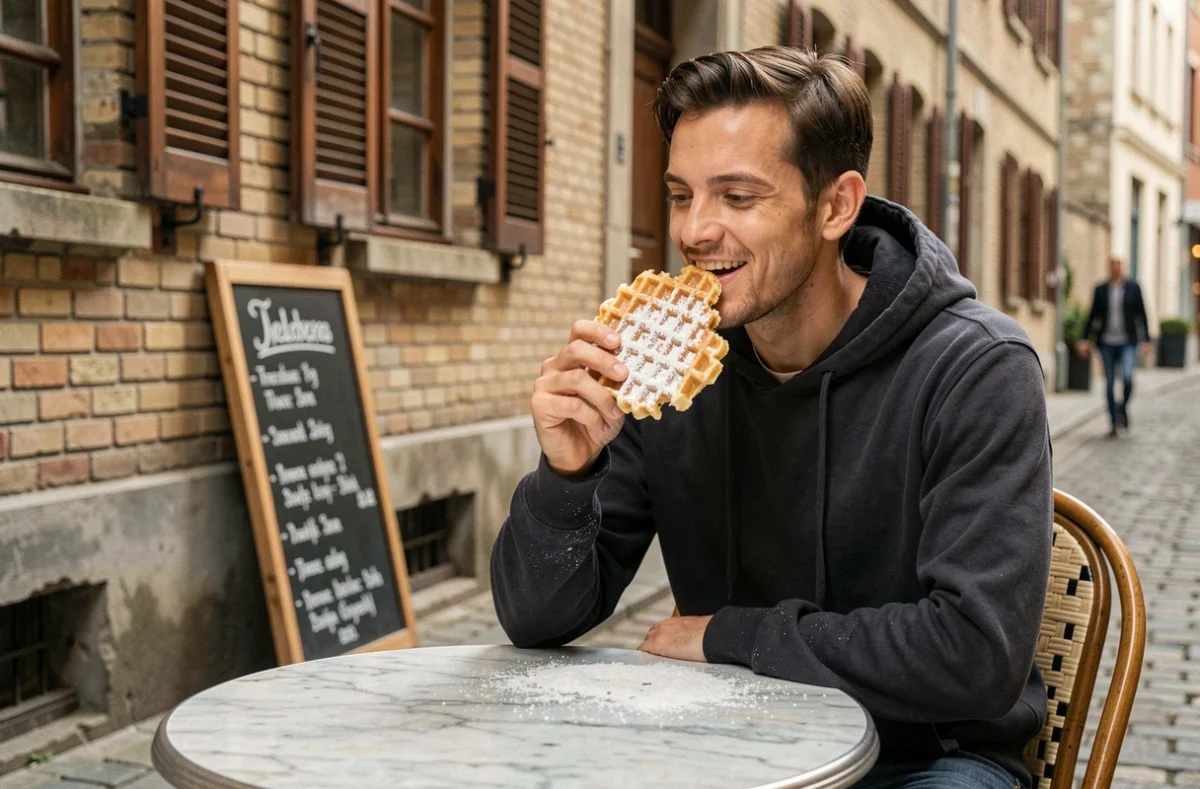 Touriste dégustant une gaufre belge traditionnelle dans une ruelle pavée de Bruxelles