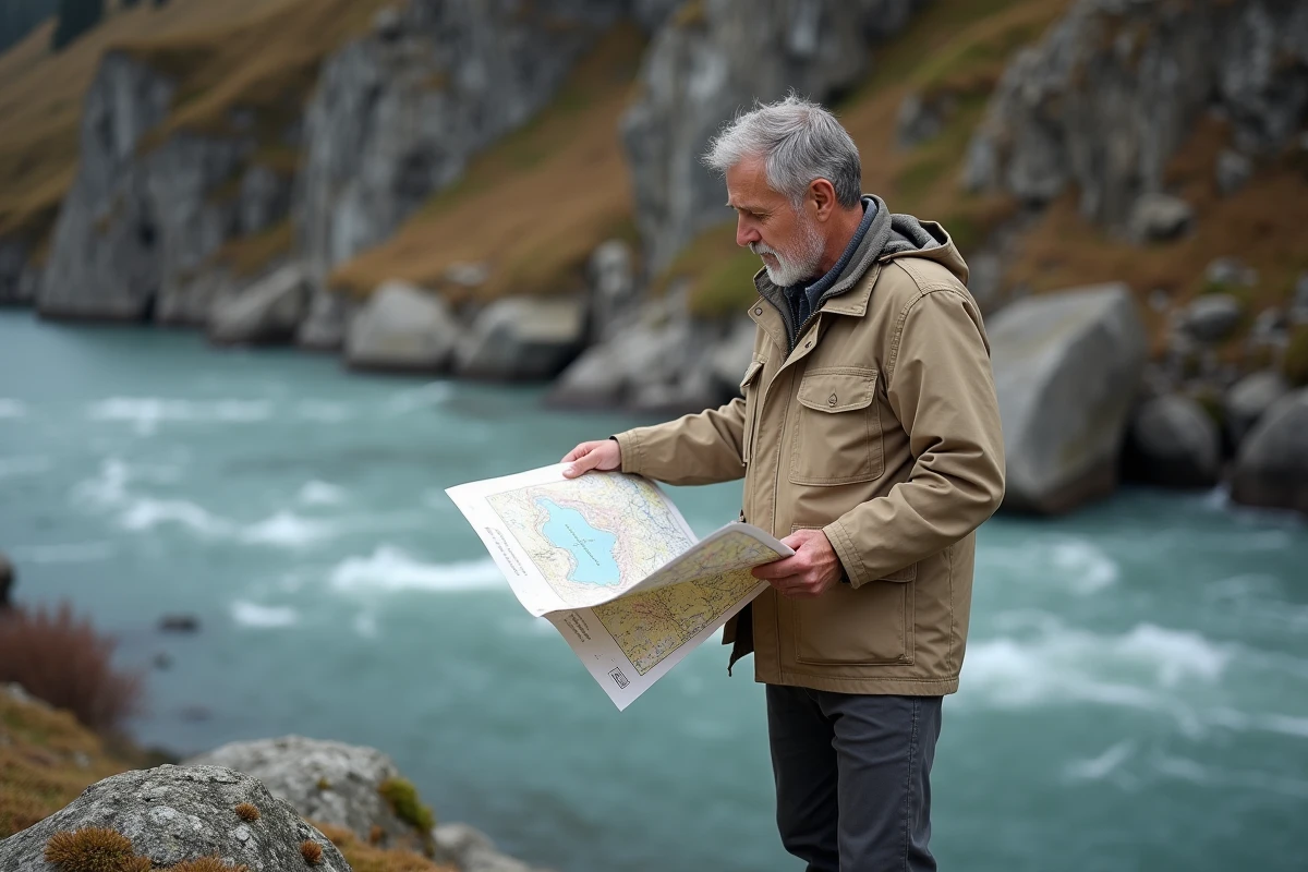Journaliste ou géographe consultant une carte topographique au bord d'un fleuve dans un paysage alpin
