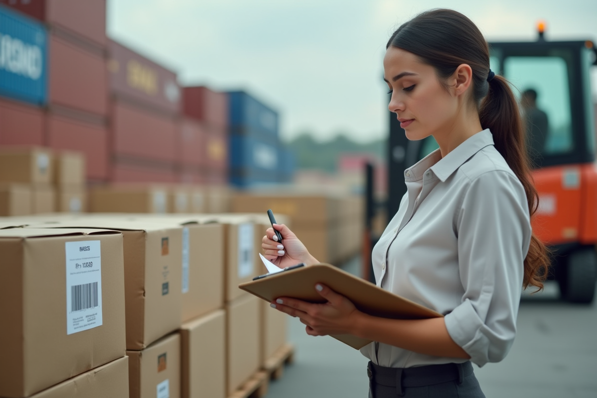 Gestionnaire logistique vérifie un chargement en extérieur