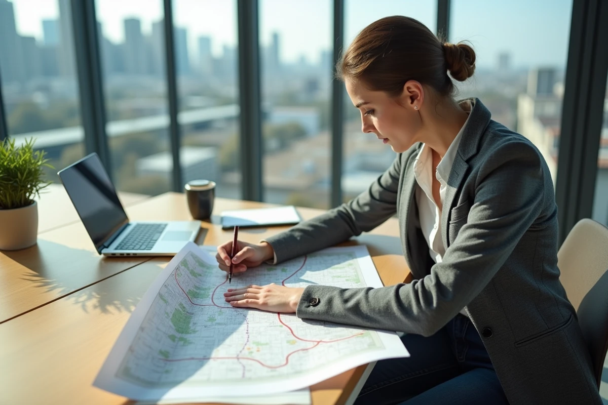 Jeune femme manager planifiant une route dans un bureau moderne