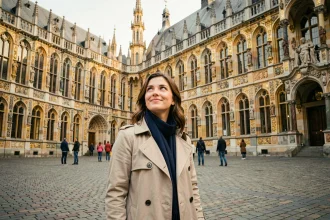 Femme admirant les façades dorées de la Grand-Place de Bruxelles lors d'une visite en une journée