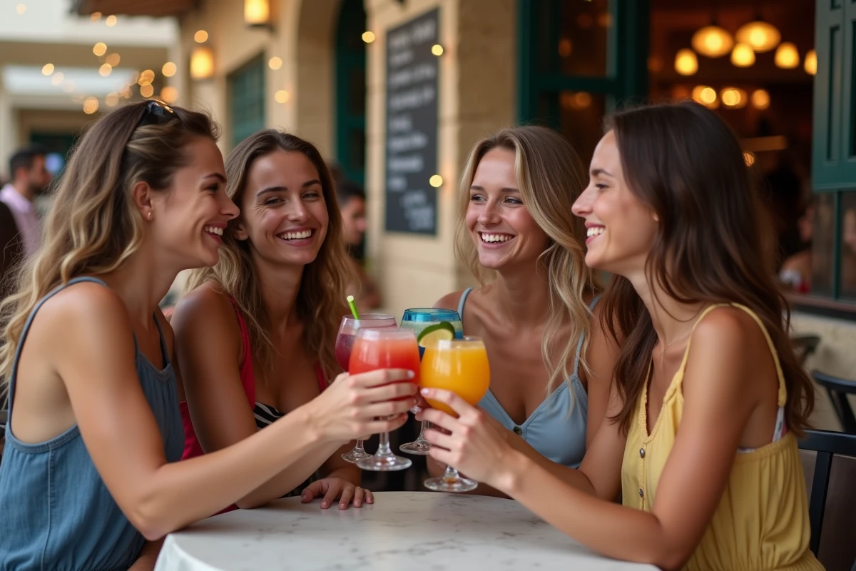 Groupe d'amis qui trinquent en terrasse dans un bar de Paceville à Malte