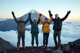 Groupe d'amis en tenue de trek au sommet du Kilimandjaro avec vue panoramique sur les nuages