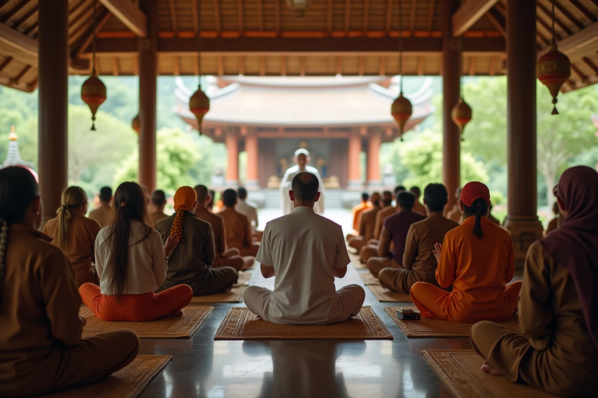 Groupe balinais en prière dans un pavillon traditionnel