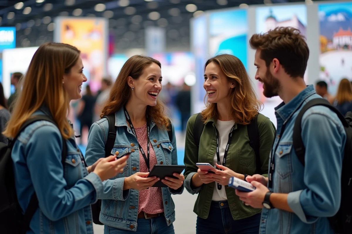 Groupe de blogueurs voyage en discussion spontanée devant un stand lors d'un salon professionnel