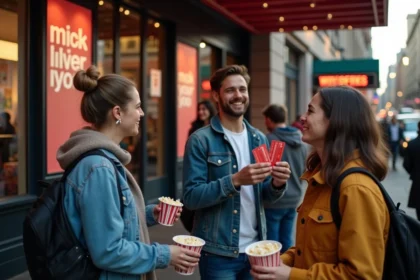 Groupe divers d'adultes et adolescents devant un cinéma